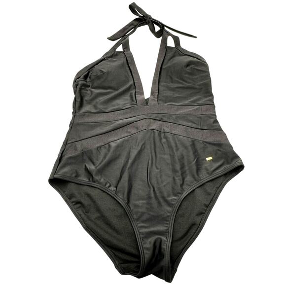 TED BAKER LONDON NWT Women 12 Black Deep Plunge Halter Padded One Piece Swimsuit - Picture 2 of 11